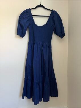 Hill House Louisa Nap Dress Navy Blue Smocked Midi with Puff Sleeves